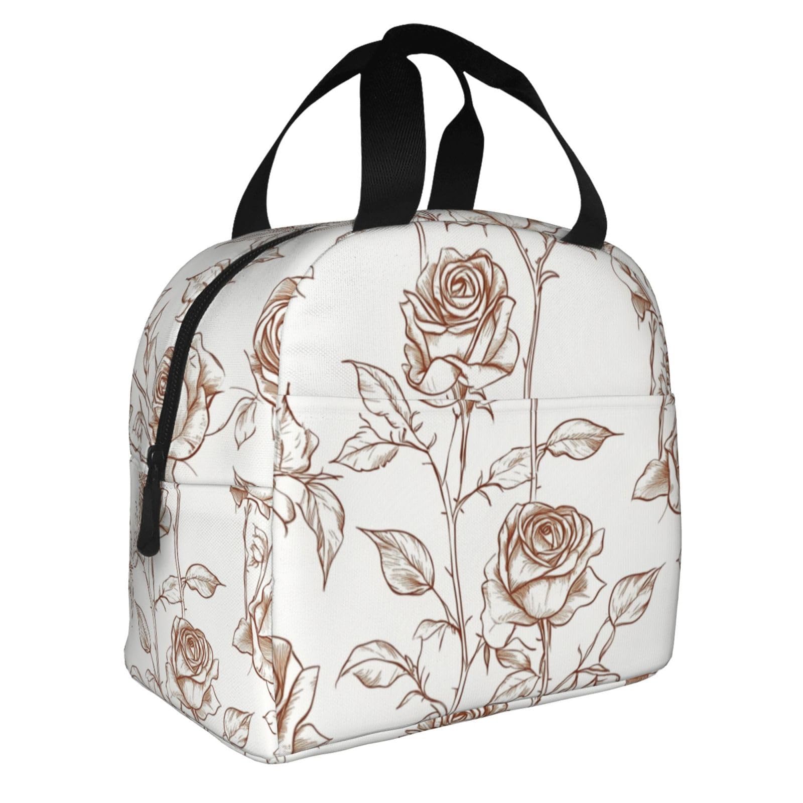 Bolsa Comida Trabajo Mujer Patrón Floral Marrón Y blanca Lunch Bag Para Oficina,Bolsa Almuerzo Frescura,Bolsa De Bolsillo, Lona Impermeable Aislada Para Mujer, Hombre, Escuela Y Oficina