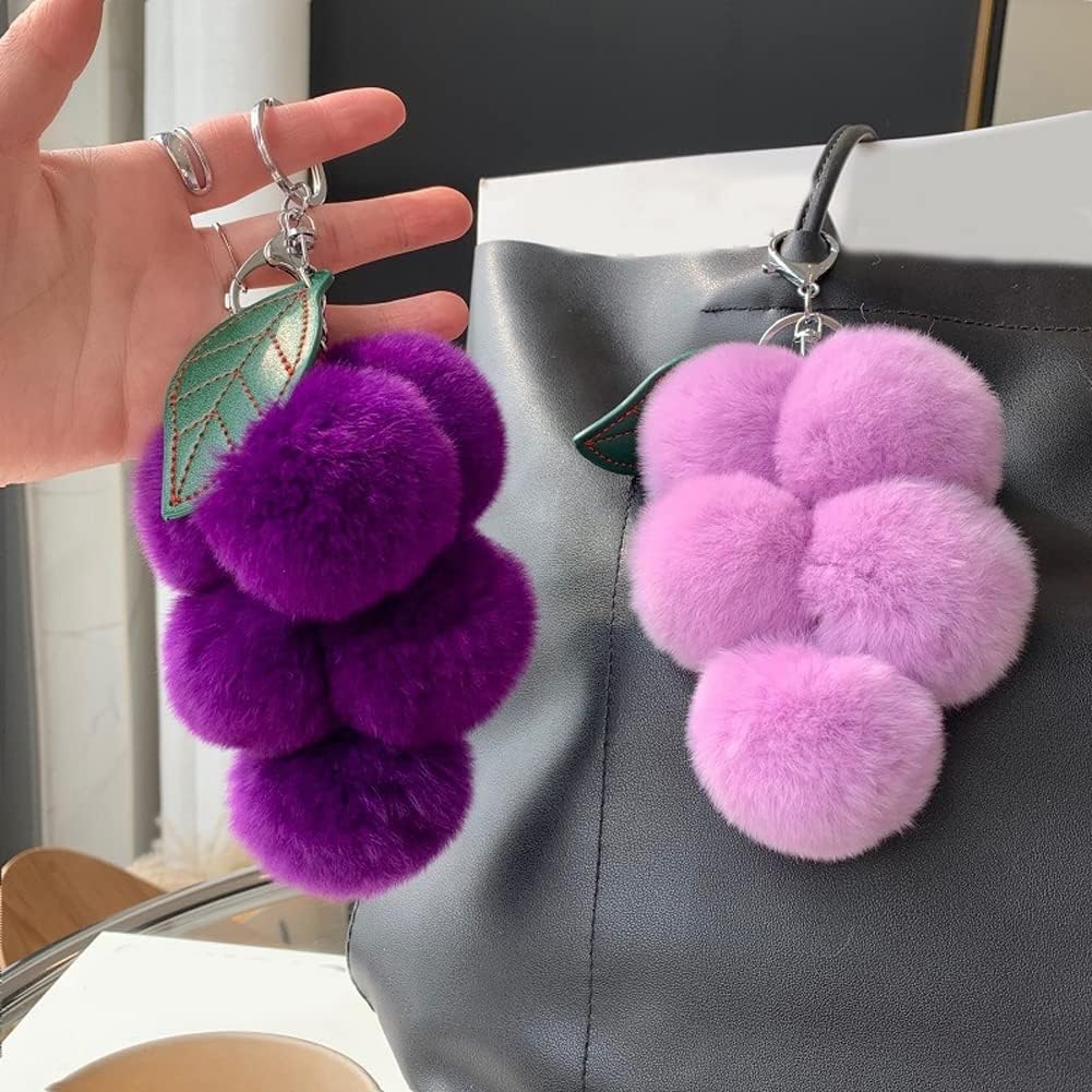 ikasus Pom Pom Keychain Soft Plush Ball Keychain Simulation Fruit Grape Keyring Fluffy Bag Purse Backpack Handbag Pendant - Image 3