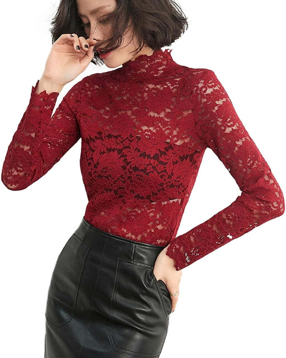 Women's Floral Lace Top Sexy Long Sleeve Mock Neck Casual Shirt Going Out Blouse - Image 4