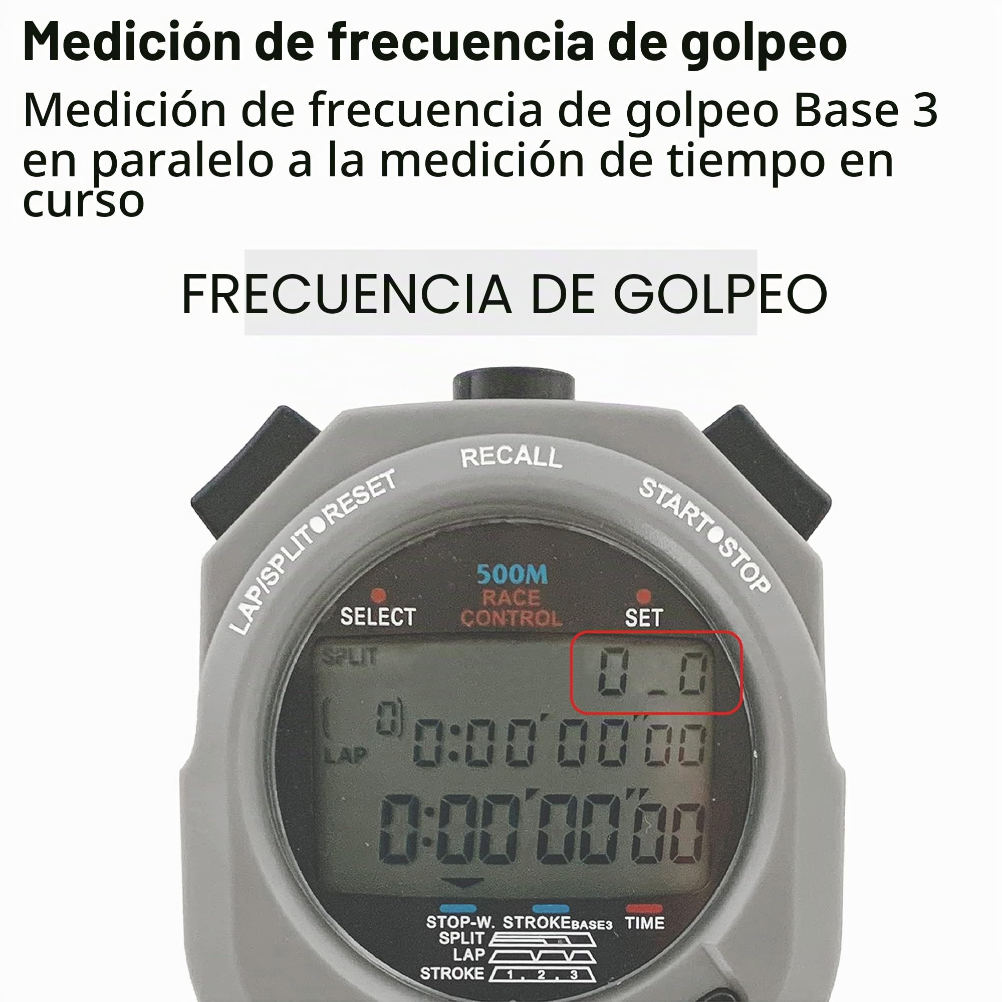 Cronómetro STOPTEC 496 | Pantalla de 3 líneas | Memoria 500 | Medición del número de golpes | Control de carrera | Hora y fecha | Resistente a salpicaduras | Fácil cambio de batería