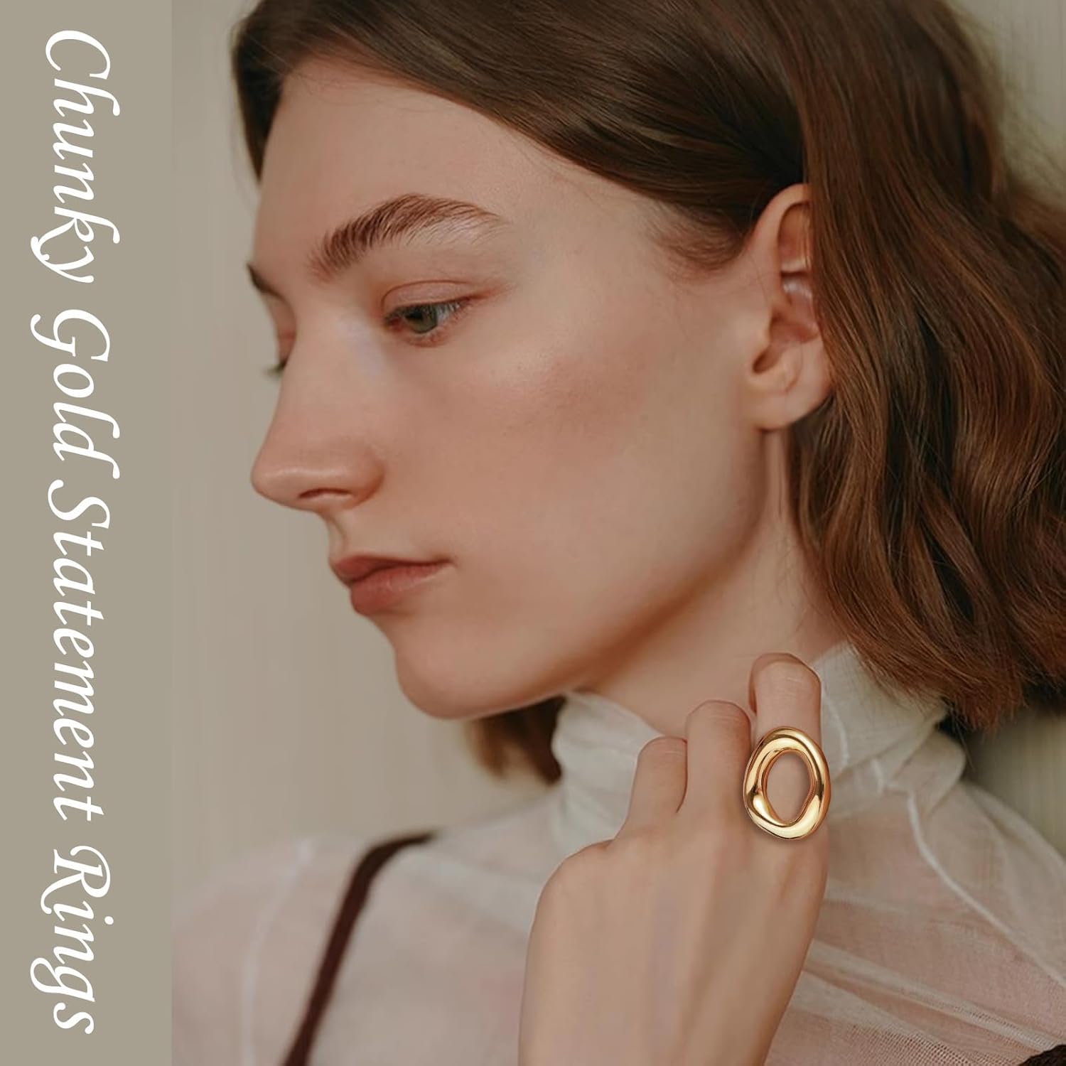 Hollow Oval Shaped Ring for Women Chunky Gold Statement Rings Stainless Steel Irregular Thick Geometric Ring - Image 3