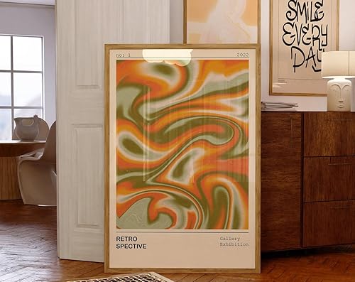 Psychedelic 70s retro poster wall art with orange and green swirls, abstract vintage print ideal for living room decor and retro-inspired spaces
