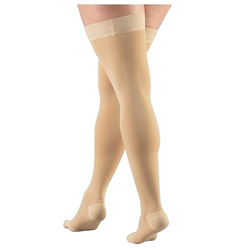 Miniatura 5 de Truform Medias de compresión de 15-20 mmHg para hombres y mujeres, longitud alta hasta el muslo, parte superior de punto, punta cerrada, beige, XL