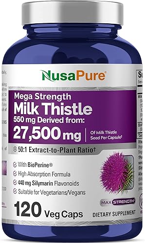 NusaPure Extracto de cardo mariano 50:1, 550 mg equivalente a 27,500 mg 120 cápsulas vegetales sin OMG, fuerza máxima vegana - Silimarina