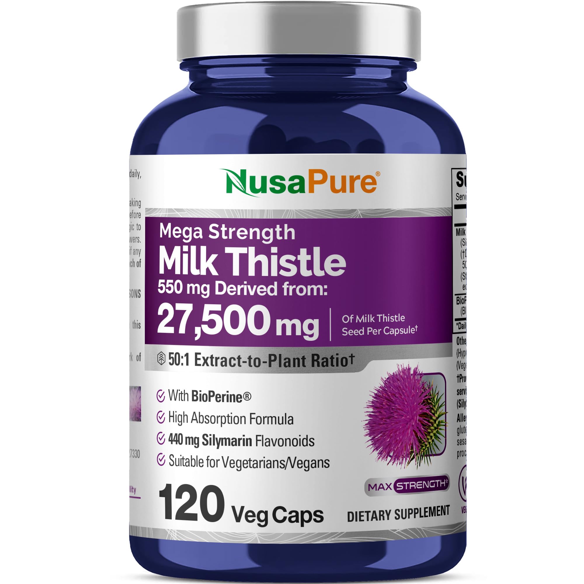 NusaPure Milk Thistle 50:1 Extract, 550 mg Equivalent to 27,500mg 120 Veggie Capsules Non-GMO, Vegan Max Strength - Standardized 80% Silymarin, Bioperine