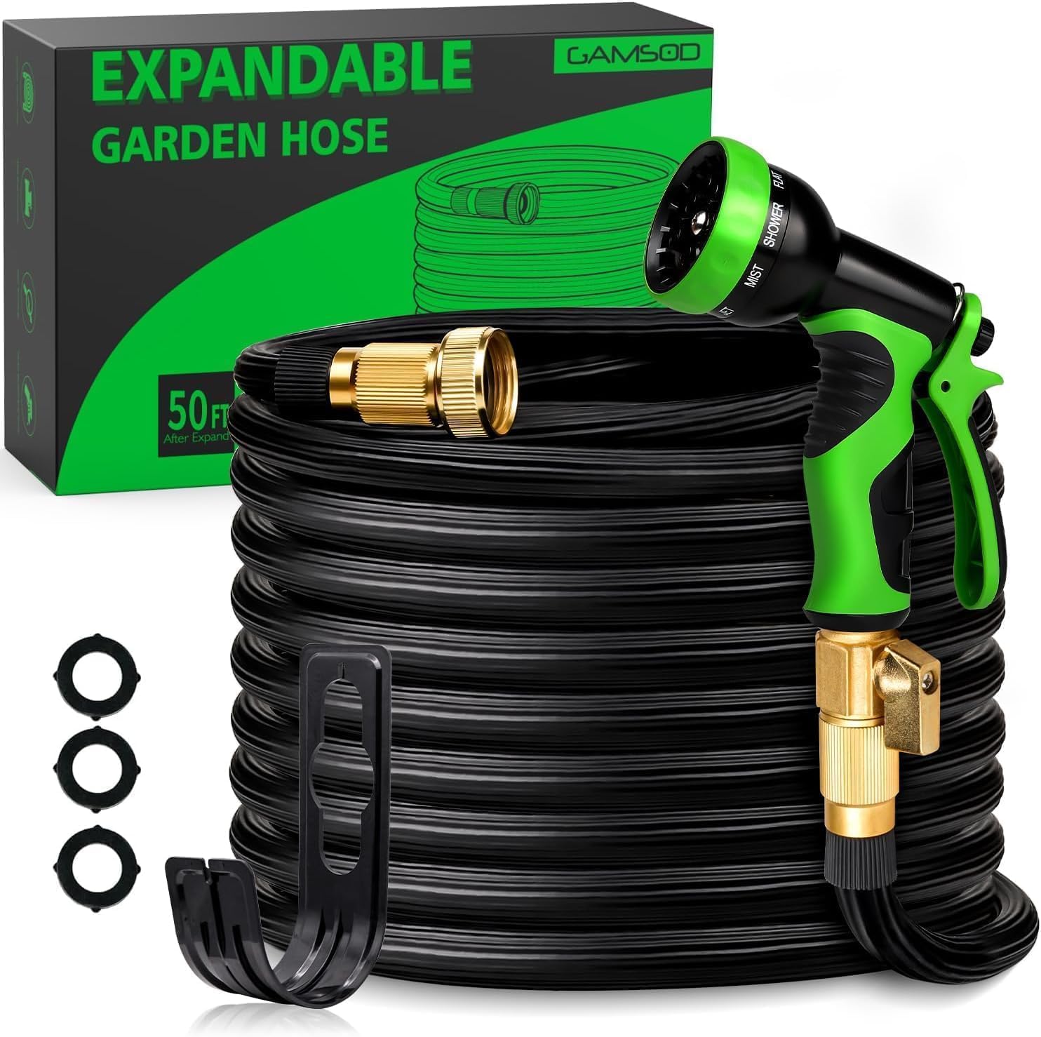 Expandable Garden Hose Up to 50ft, Upgraded Lightweight Gardening Flexible Hose Pipe, 3/4" Solid Brass Fittings, 2.2X Expanding Flexible Latex Water Hose with Spray Nozzle -Black