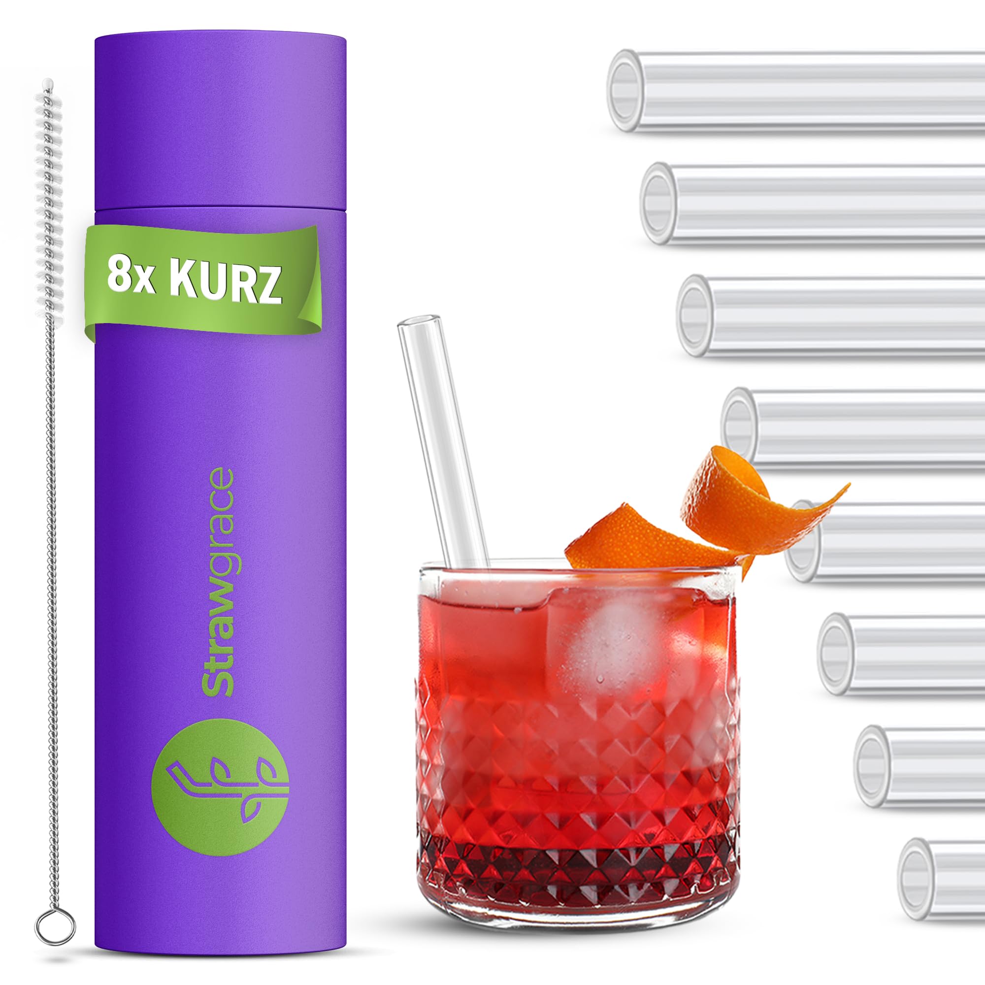 STRAWGRACE 8x Glasstrohhalme kurz - Länge: 15 cm - Durchmesser: 7 mm - perfekt für alle Heiß- und Kaltgetränke - Strohhalme Glas Wiederverwendbar