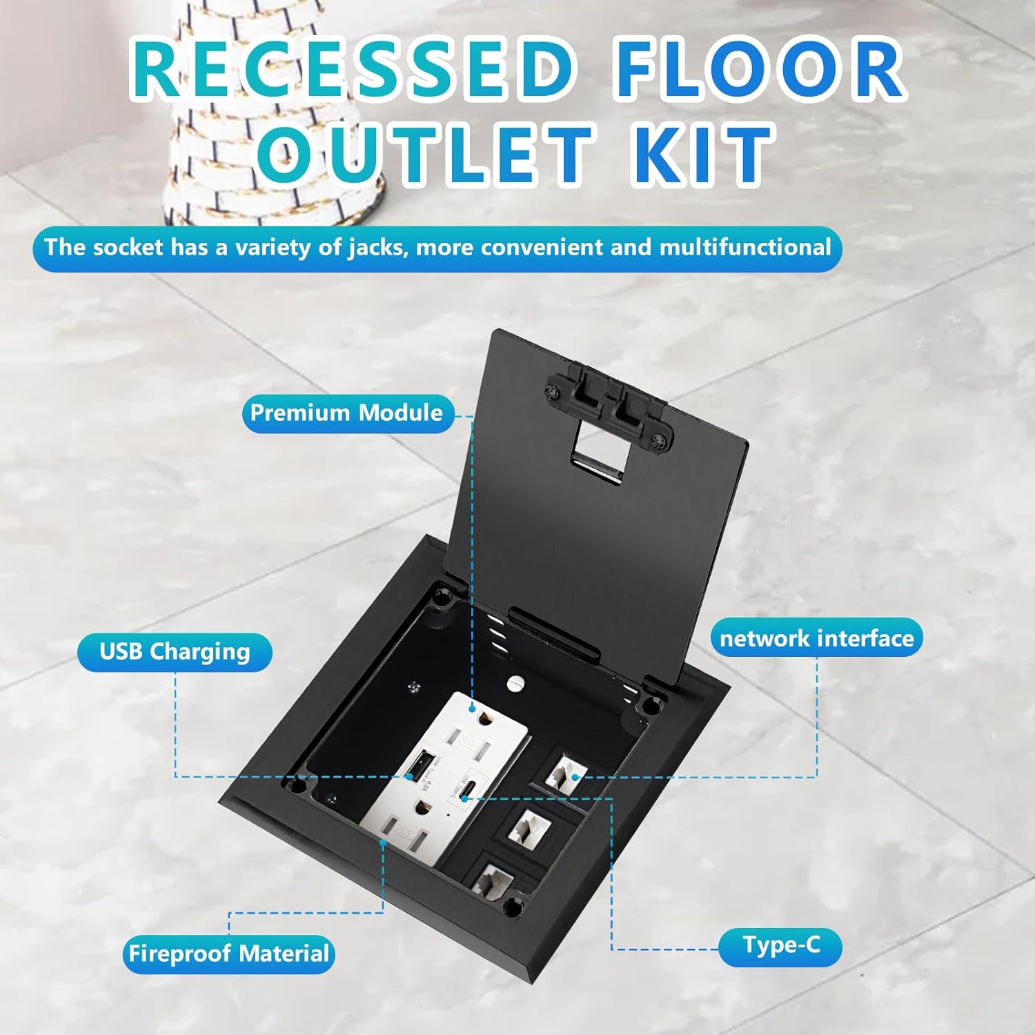 KYHSHJ Recessed Flat Hidden Socket Kit with 2 * 15A Receptacle,4.8A 1 USB-A Ports &1 USB-C Port+3-Port RJ45 Datacom Receptacle. Internal Height Adjustable,Corrosive Resistant Hardware,Black - Image 3
