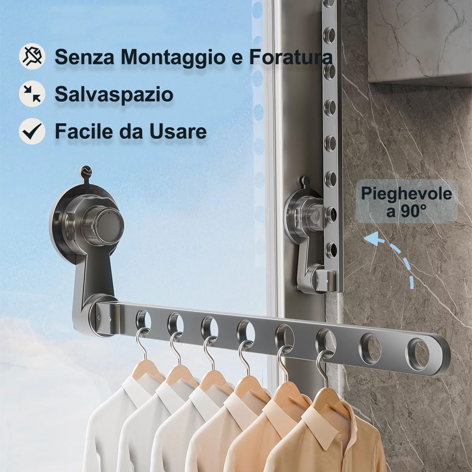Groyells Stendibiancheria regolabile con ventosa, ventilatore allungabile in alluminio, stendibiancheria da bagno, balcone, stendibiancheria da letto, balcone