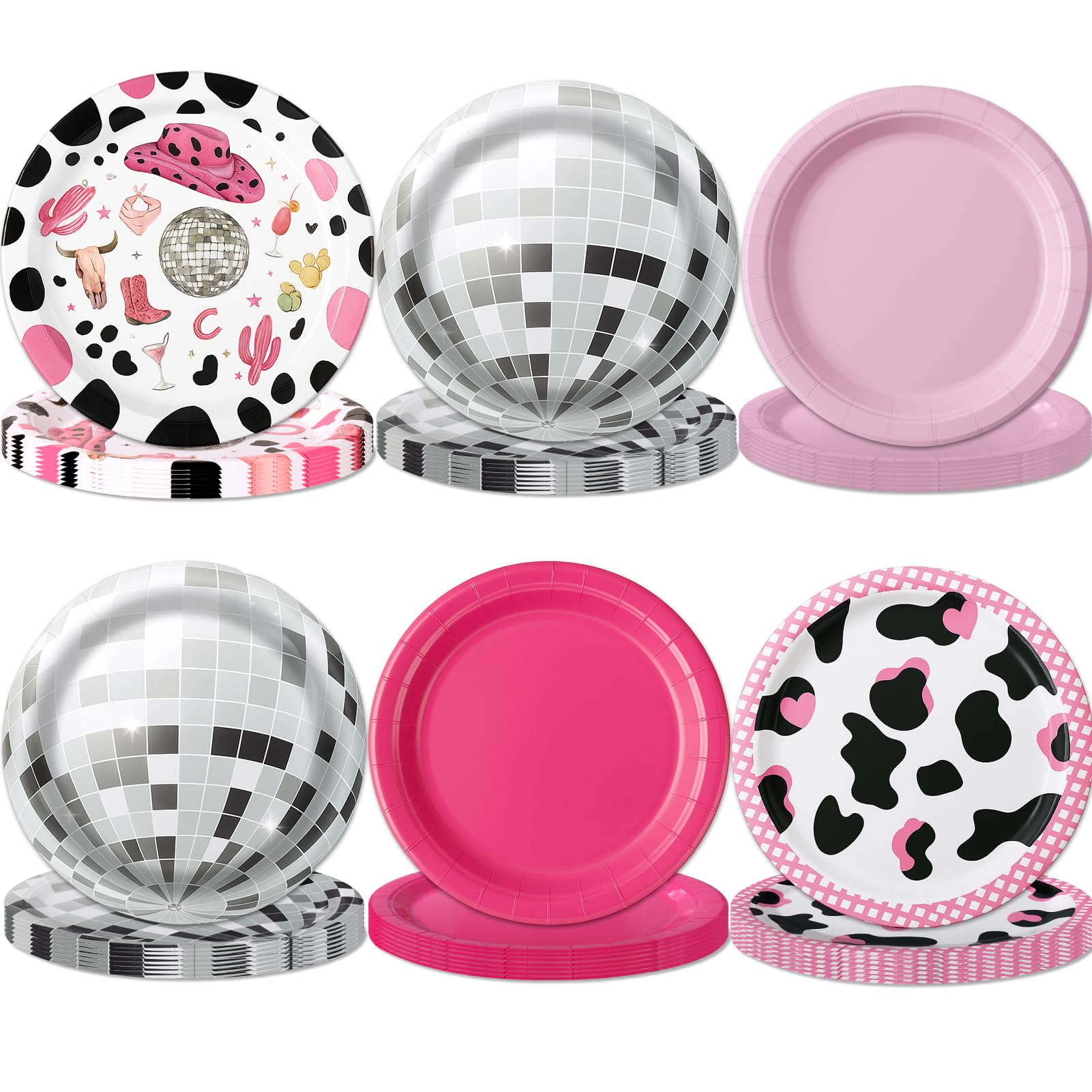 48 Pcs Disco Cowgirl Party Paper Plates, 9" 7" Hot Pink Cow Print Disco Ball Disposable Dessert Plates for Birthday, Baby Shower, Wedding, Western
