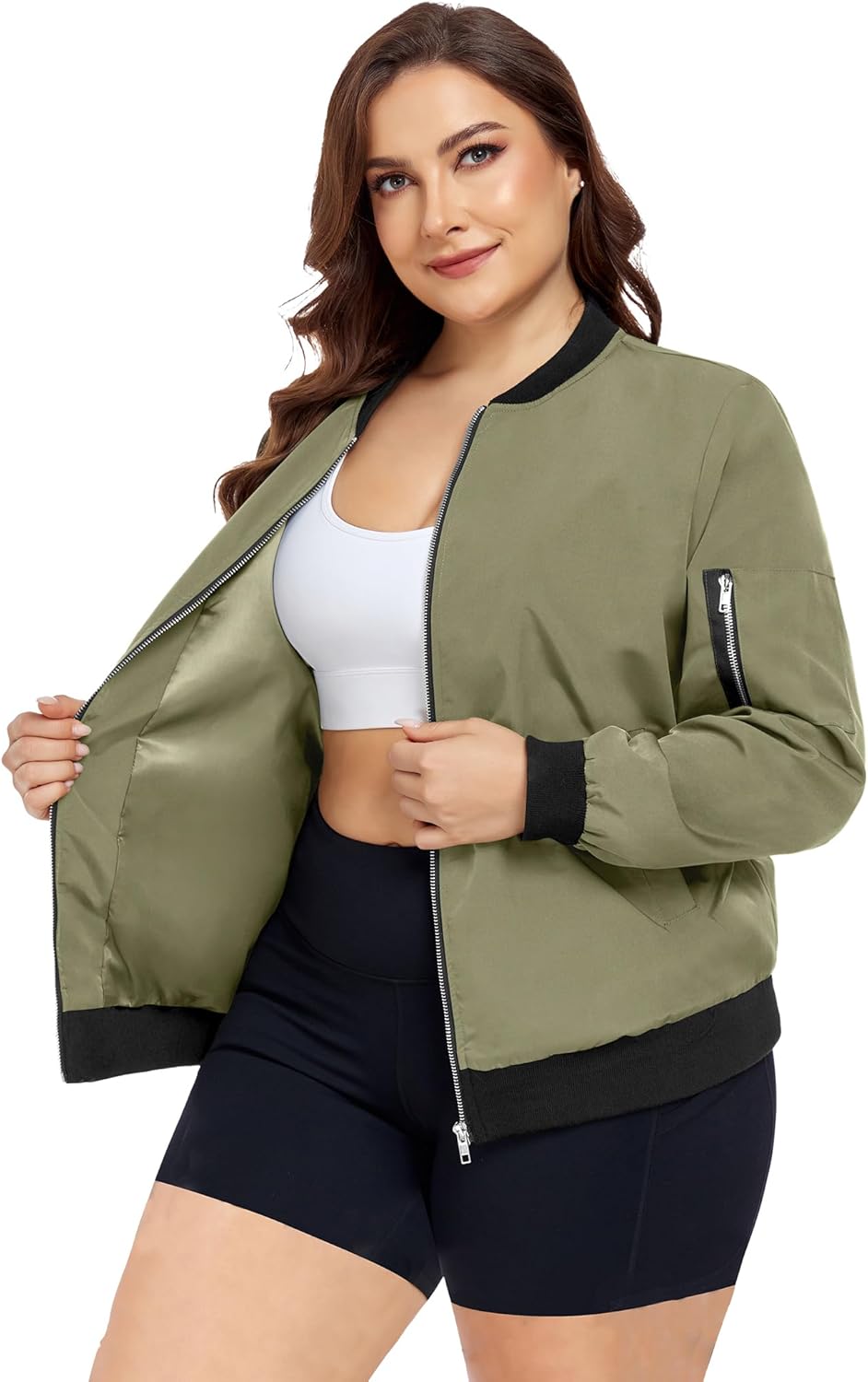FOREYOND Women's Plus Size Bomber Jacket Zip Up Lightweight Coat Casual Cropped Windbreaker Outwear with Pockets - Image 4
