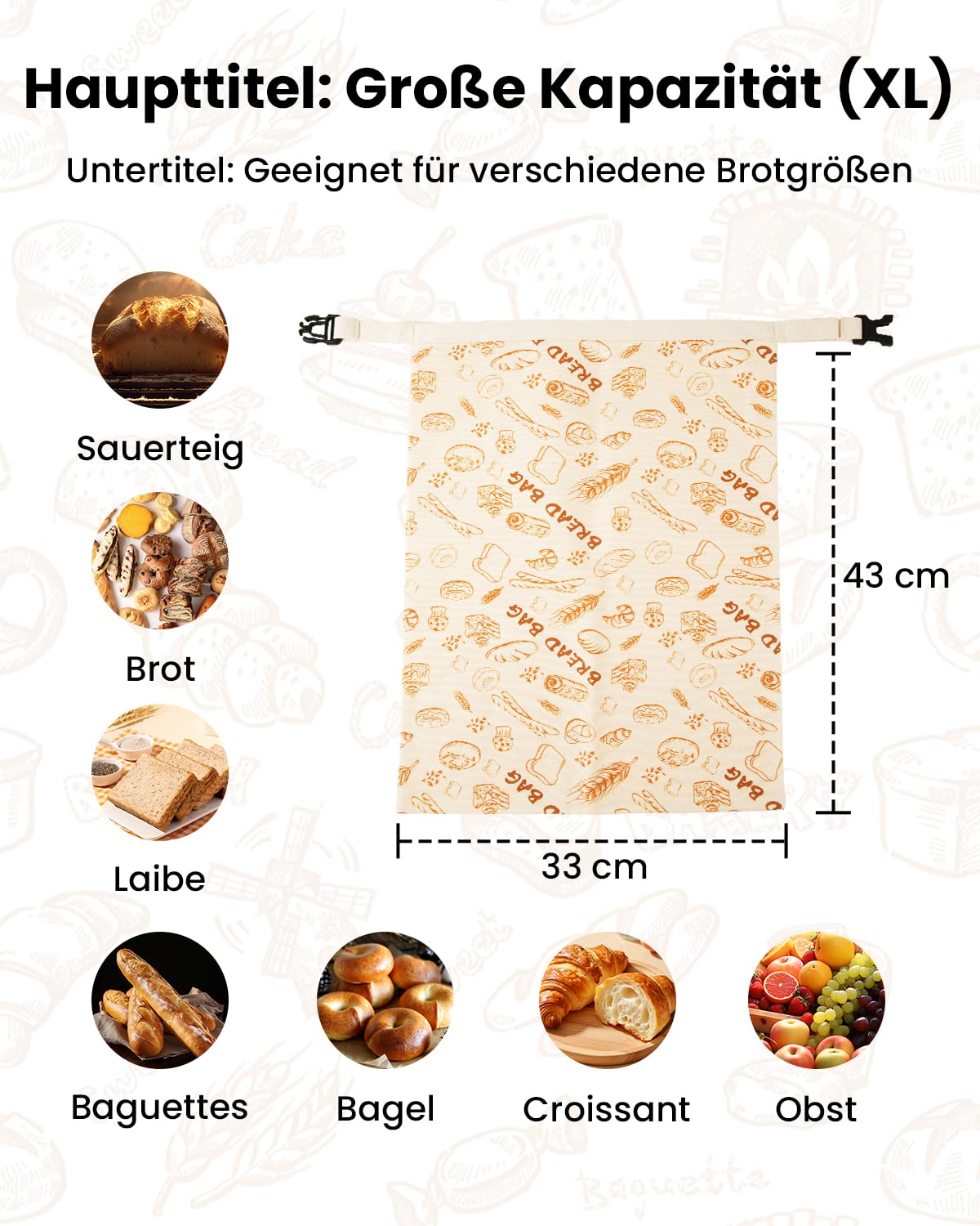 GEEKHOM Bienenwachs Brotbeutel 2 Stück Brotbeutel Leinen Wiederverwendbar für Sauerteig mit Reißverschluss 33×43 cm zur längeren Frischehaltung Waschbar