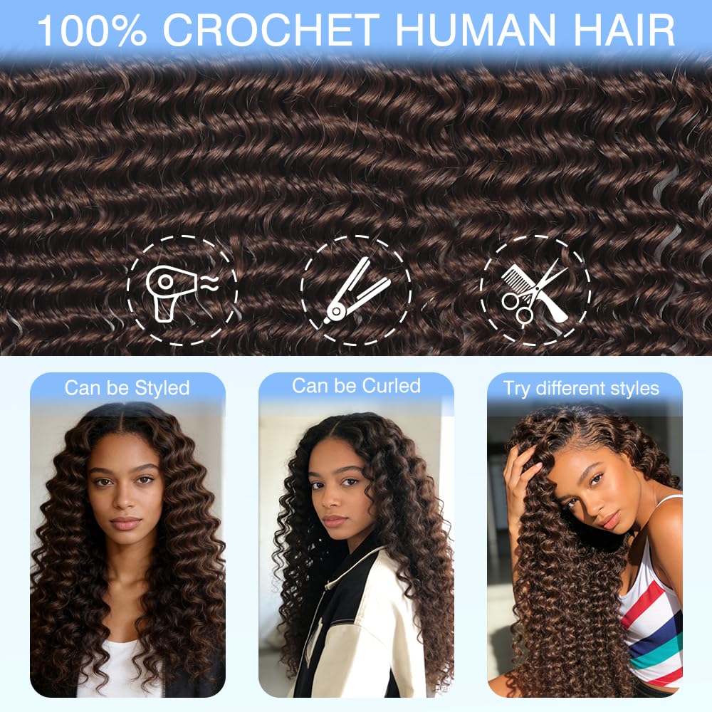 Renyarch Hair Crochet Human Hair Bundles for Black Women 16 Pollici Deep Wave Hair Crochet Hair 125g 100c Brown Water Wave Wet and Wavy Invisible Knotless Curly Extensions