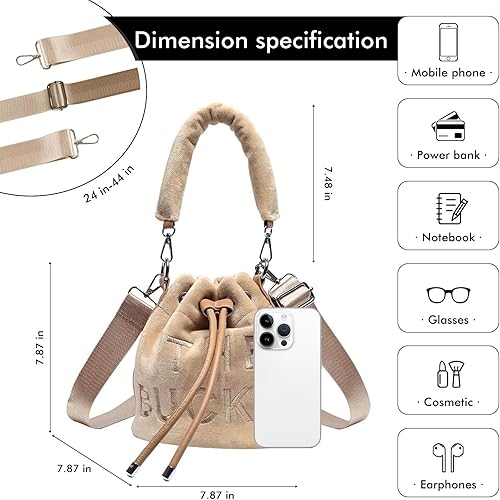 Miniatura 3 de JQAliMOVV Bolsas de cubo para mujer, mini bolsa de cubo de felpa suave, bolsas cruzadas con cordón, bolso Hobo
