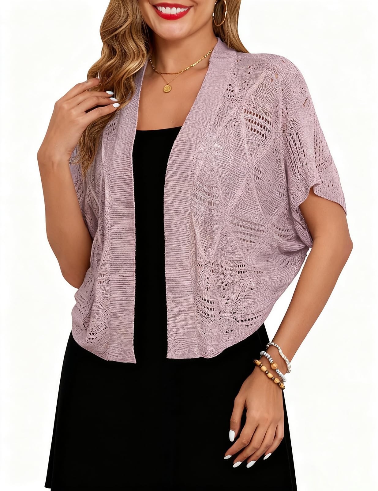 Women's Shrug Crochet Cropped Cardigan Lightweight Hollow-Out Batwing Sleeve Open Front Bolero Sweaters