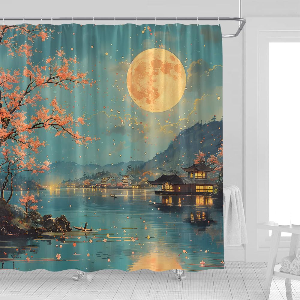 UOZXOML Asian Cherry Blossom Shower Curtain Full Moon Floral Lake Mountain Wonderland Starry Sky Rustic Watercolor Landscape Fabric Bathroom Decor