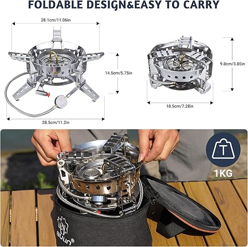 Vista 9 de Bulin Estufa de camping quemador de 3500 W/3800 W/5800 W/6800 W/18000 W ajustable ultraligera estufa de mochilero a prueba de viento estufa