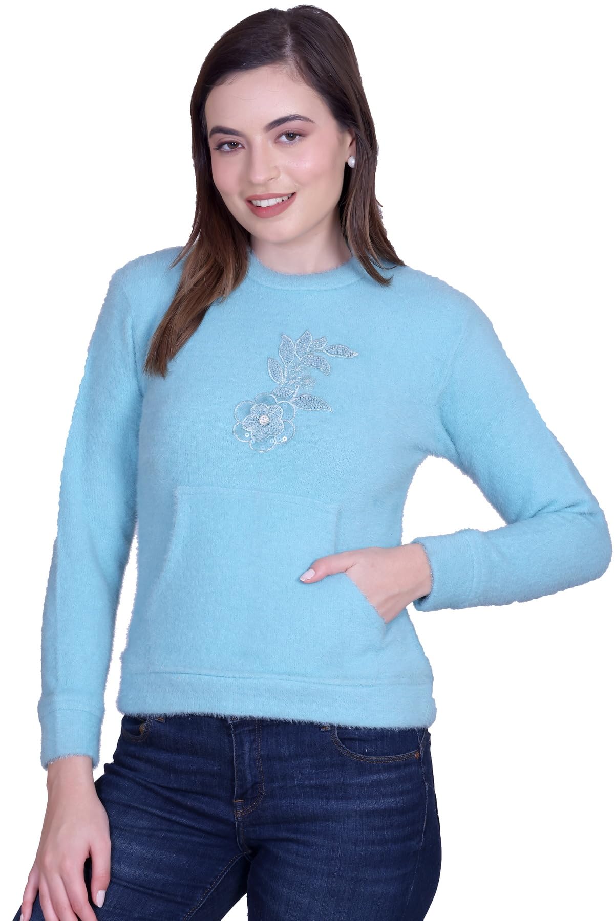 Women’s Floral Embroidered Soft Knit Full Sleeve Pullover with Front Pocket for Winter Wear-image-21