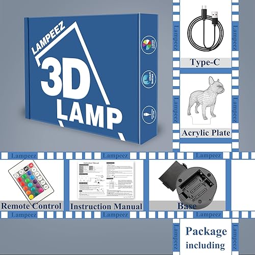 Miniatura 4 de Lampeez Luz nocturna de bulldog francés 3D, lámpara de ilusión óptica de 16 colores cambiantes con control remoto para cumpleaños, Navidad, día de