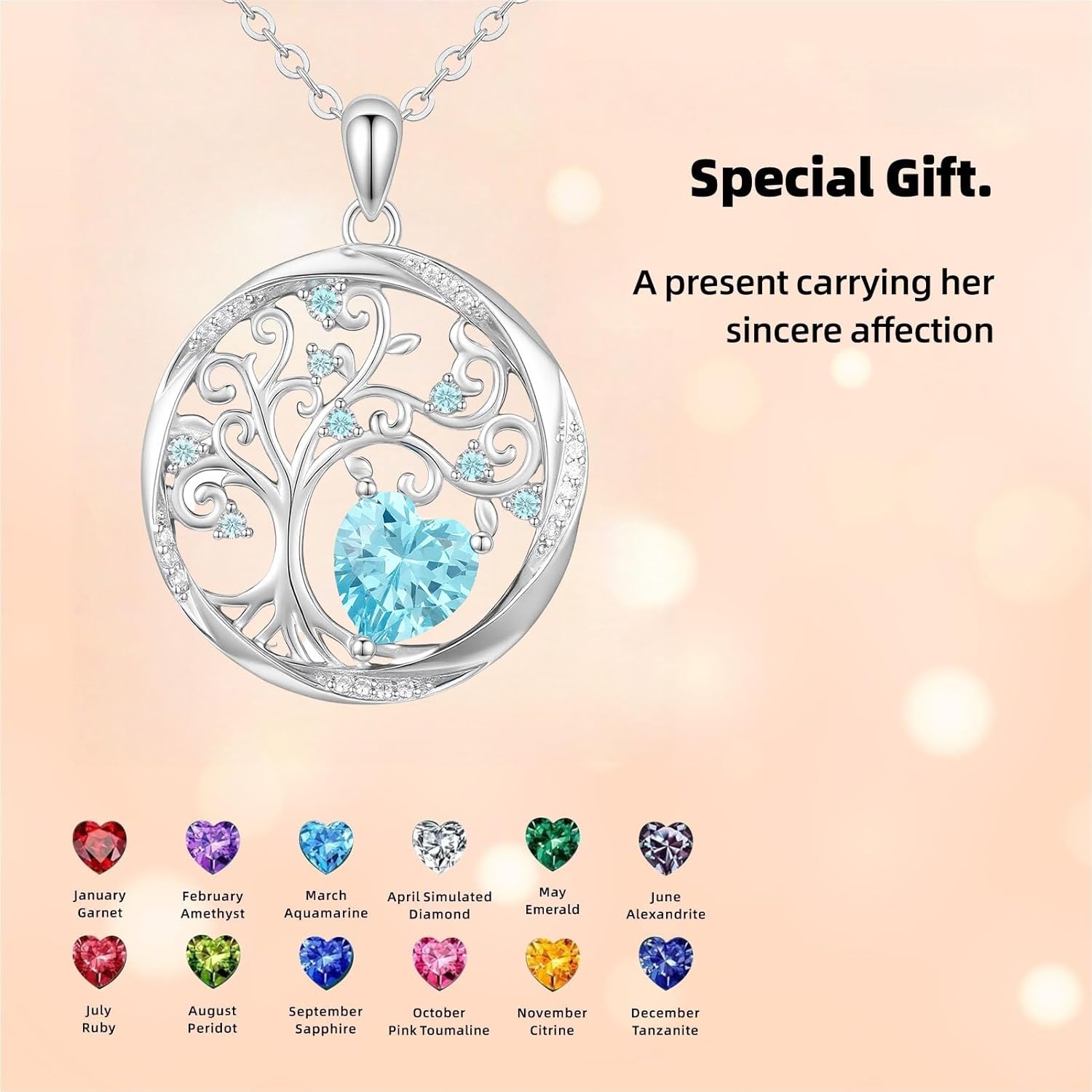 Tree of life necklace with Birthstone Sterling Silver Pendant-Adjustable Chain, Ideal Jewelry gift for her, Girlfriend, Wife, Mom on Birthday, Anniversary - Image 3
