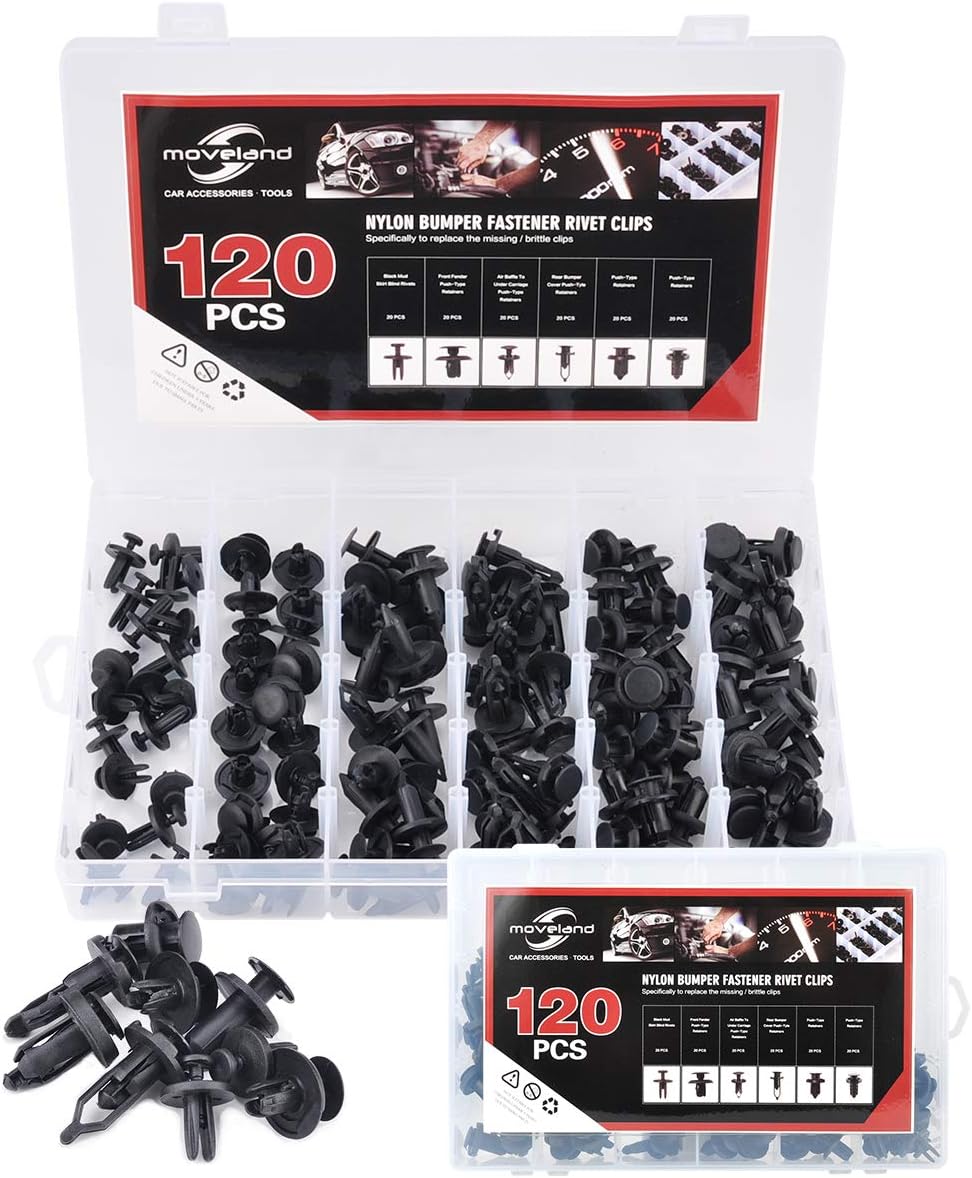 moveland 120 Pcs 6.3mm 8mm 9mm 10mm Nylon Bumper Push Fasteners Rivet Clips Expansion Screws Replacement Kit
