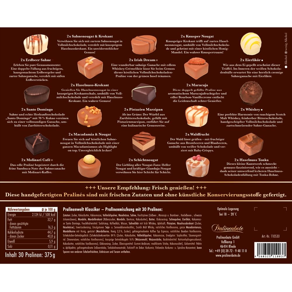 Pralinenbote Genussmanufaktur Pralinenwelt Klassiker 30 handgefertigte Pralinen deutscher Chocolatiers Pralinen Geschenk