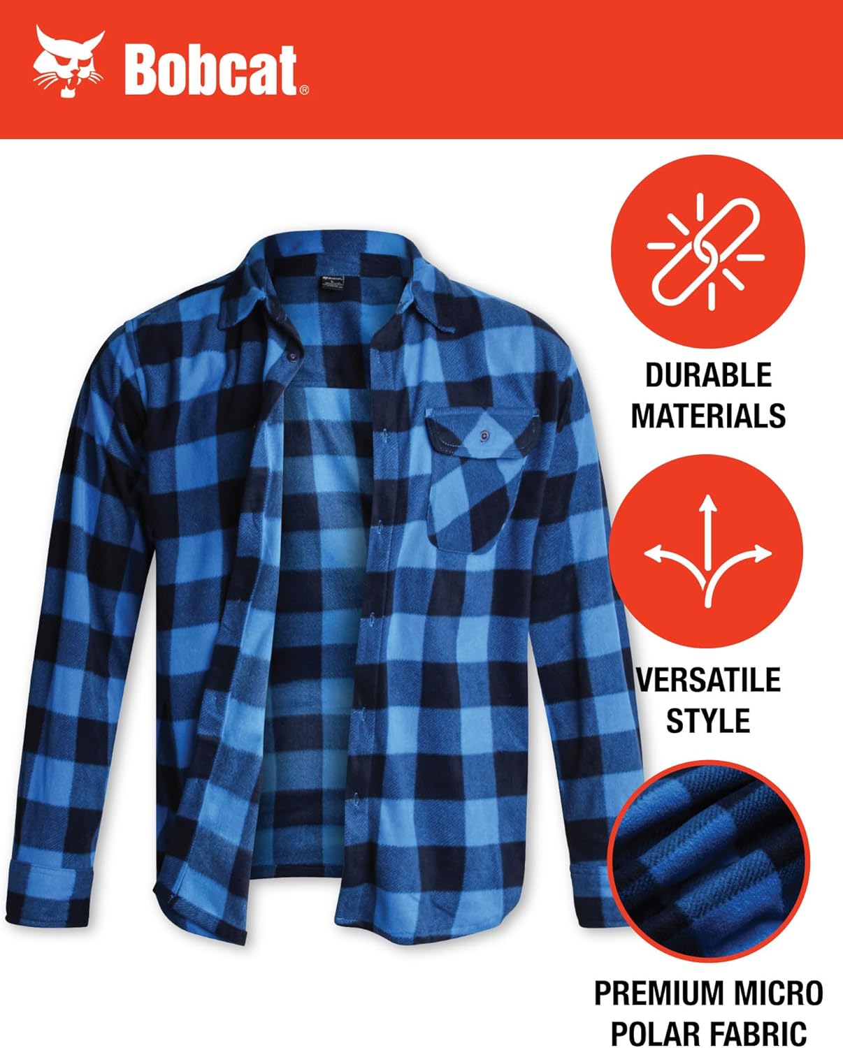 Bobcat Men's Flannel Button Down Shirt - Long Sleeve Collared Button Down Work Shirt with Single Chest Pocket (Sizes: S-XL) - Image 2