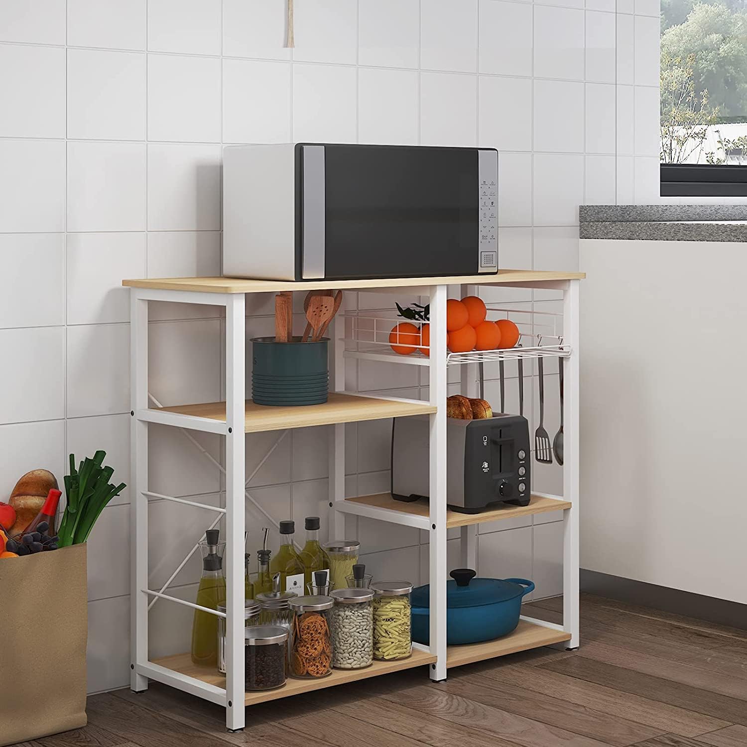 soges Microwave Cart Stand, Multi-Functional Kitchen Baker's Rack Utility, Kitchen Storage Cart Workstation Shelf for Baker, Rack, Spice Rack Organizer, White Maple