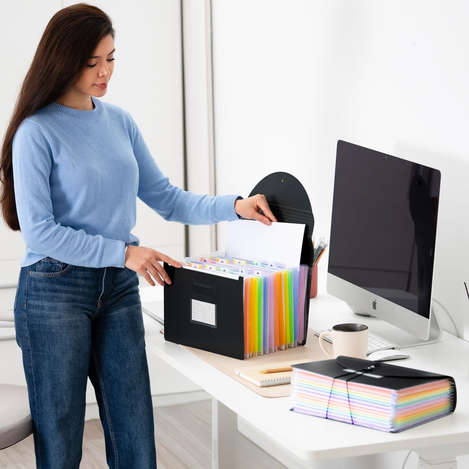 Document Folder A4 12-Pocket Accordion File Organizer Holds Up to 1,500 Sheets Durable Expanding File Folder with Color Tabs Document Case for Office, School, College & Home Black - Image 4