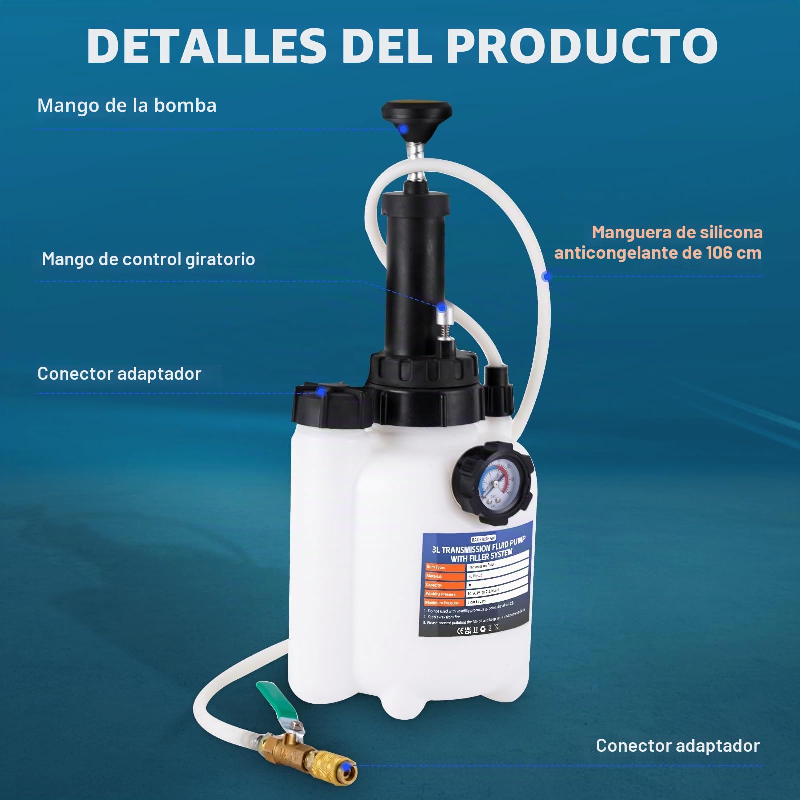 BAOSHISHAN Bomba de Llenado de Aceite 3L Bomba de Transferencia de Aceite de Caja de Cambios Sistema de Llenado Manual Bomba de Líquido de Transmisión con 8pcs Adaptadores de Llenado
