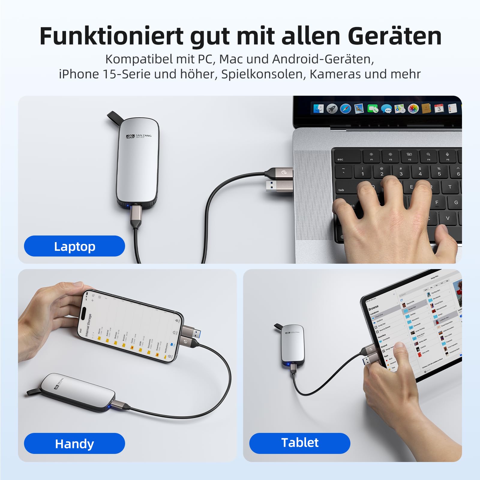 SAN ZANG MASTER Externe Portable SSD 2TB, bis zu 1.050 MB/s Lesen/1.000 MB/s Schreiben, USB 3.2 Gen 2, Externe SSD für Laptop,Type C Smartphones, Pro,Air, Silber