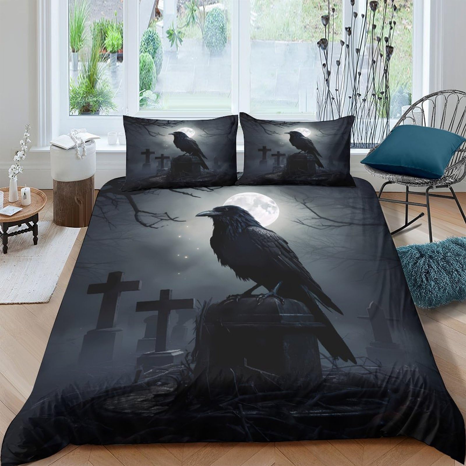 Ctjqhvkz Style-5 3D Printed Gothic Cemetery Raven Fitted Sheet Microfiber Soft Black Moon Mattress Cover For Bedroom Guest Room Decor Single（135X200cm）