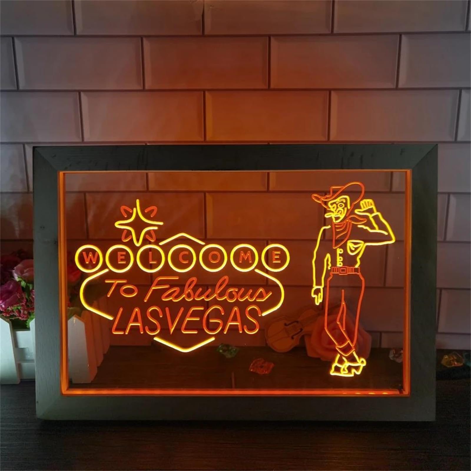 FINOTI Welcome to Las Vegas Beer Bar Pub Display Dual Color LED Neon Sign Photo Frame Bedroom Desk 3D Night Light Bedroom Bar Club Teen Room Art With Switch,H,42x32cm