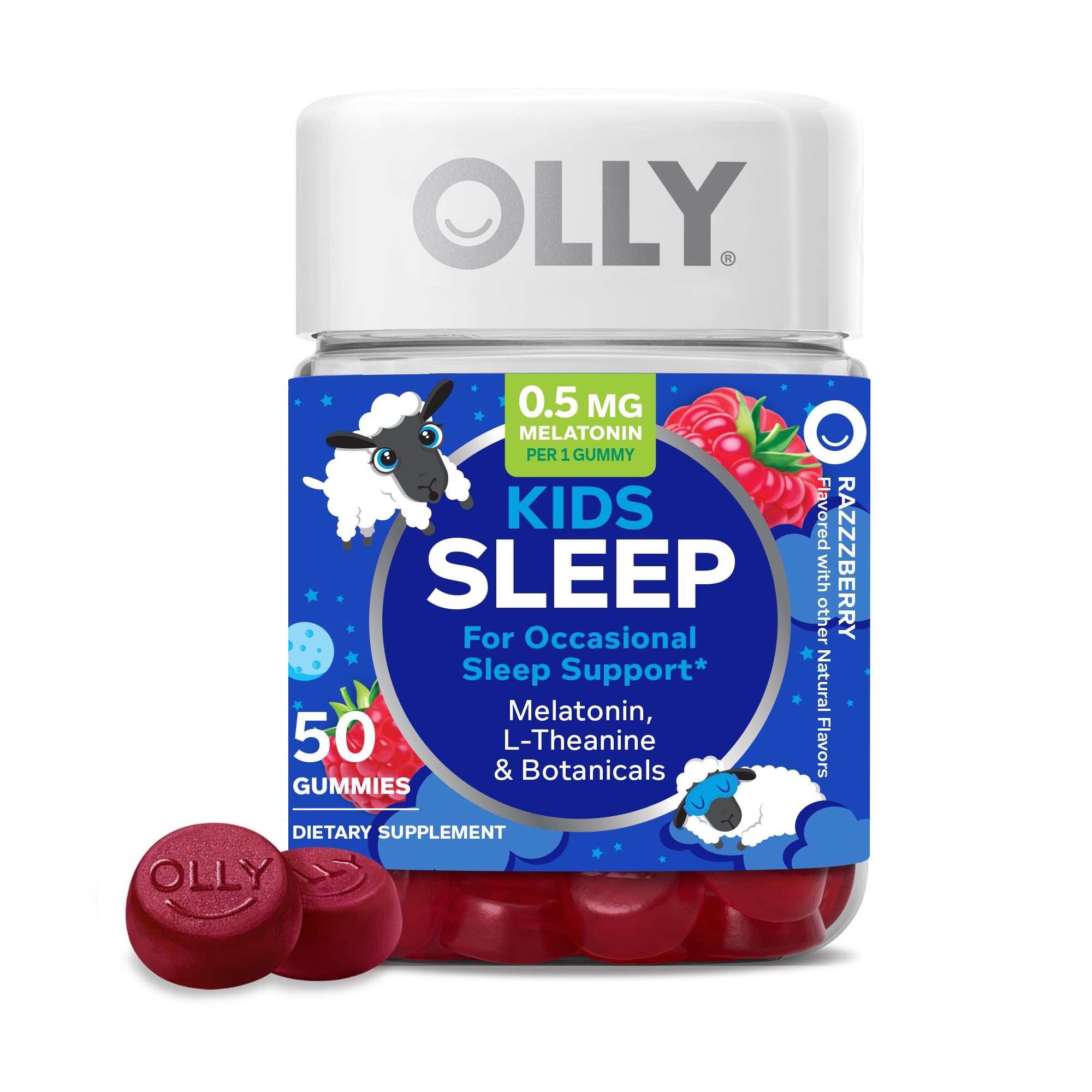 OLLY Kids Sleep Gummy, 0.5mg Melatonin, L Theanine, Chamomile, and Lemon Balm, Childrens Chewable Supplement, Raspberry - 50 Count