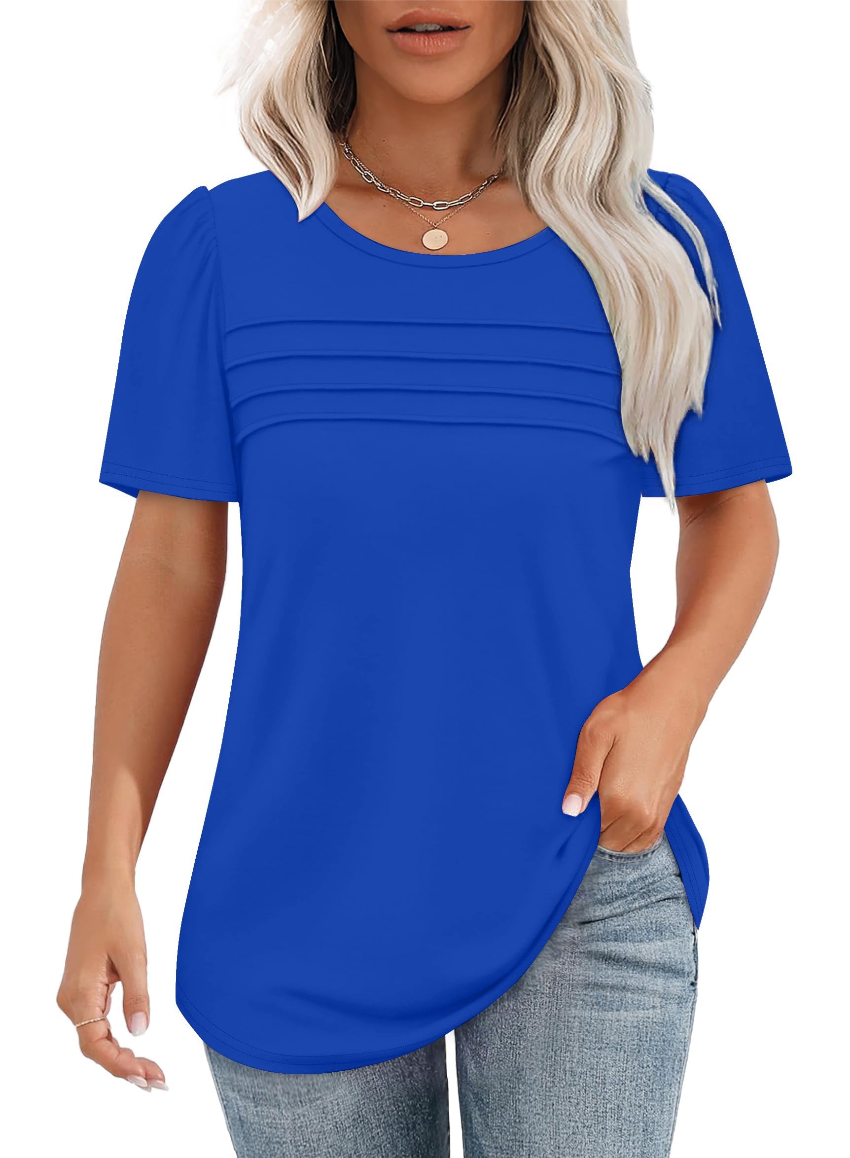 isermeo Womens T Shirts Short Puff Sleeve Summer Tops Dressy Casual Blouses Scooped Neck Outfits Flowy Pleated Front