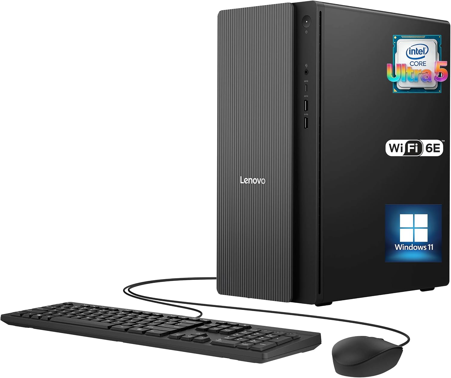 IdeaCentre Tower Desktop Computer • 10-core Intel Ultra 5 225 Processor • 16GB DDR5 • 256GB SSD + 1TB HDD • Office 365 for The Web • HDMI + VGA, Wi-Fi 6E • Wired Keyboard & Mouse • Windows 11