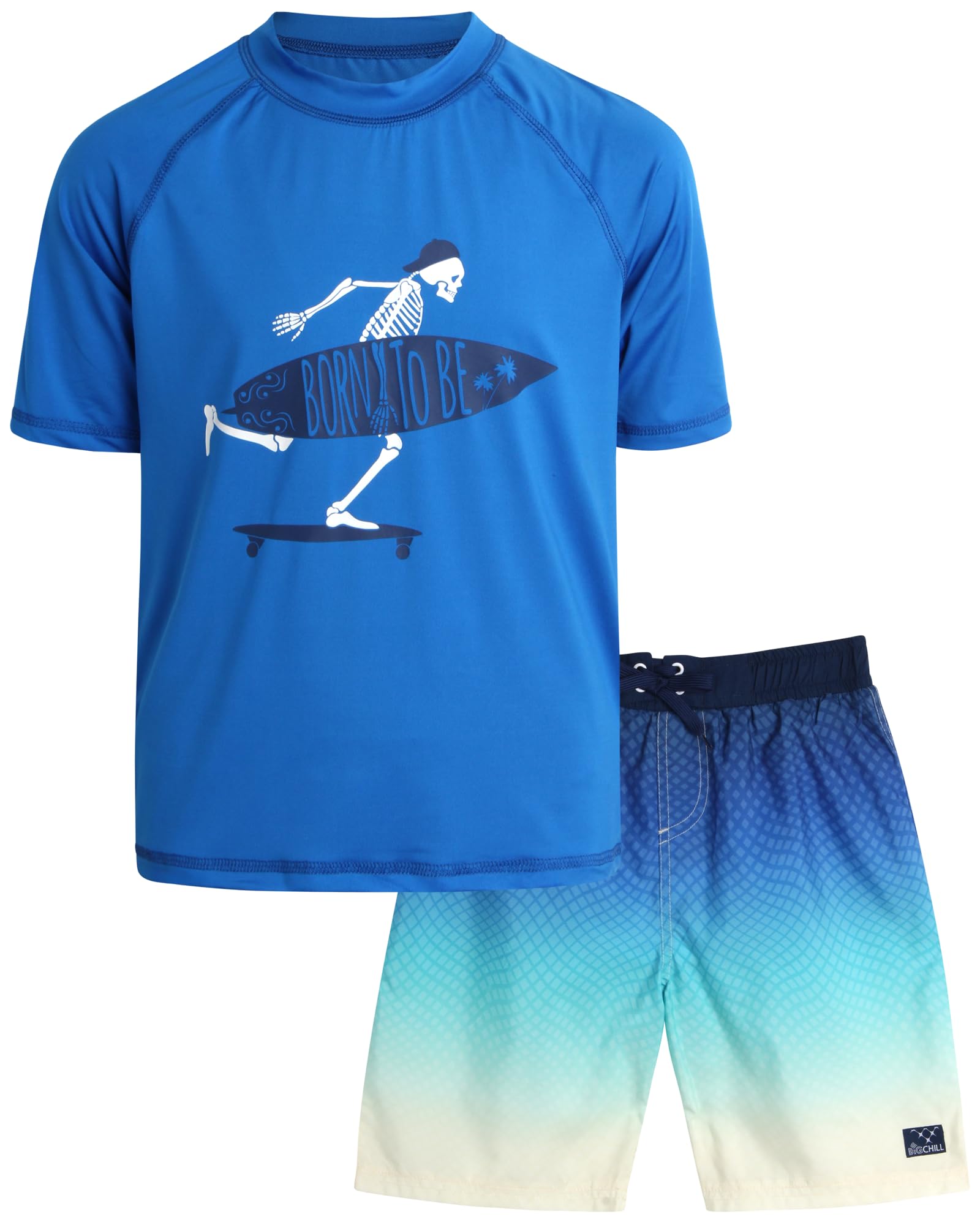 Big Chill Boys Rash Guard Set - 2 Piece UPF 50+ Quick Dry Sun Protection Swim Shirt and Swimming Trunks (Sizes: 4-14), Size 14, Blue Skeleton