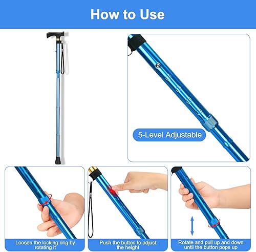Miniatura 4 de supregear Bastón plegable, bastón plegable de aluminio de altura ajustable de 5 niveles, bastón plegable con mango en T y correa de muñeca