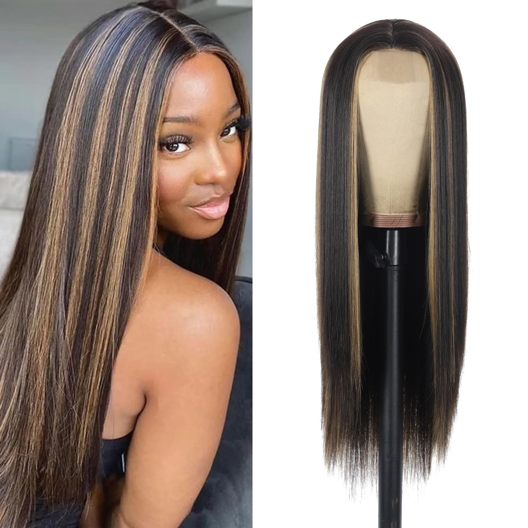 Fabunity 28 Inch Straight Synthetic Wig Long Blonde Brown With Highlights Middle Part Glueless Lace Front Wigs for Women Natural Looking for Party and