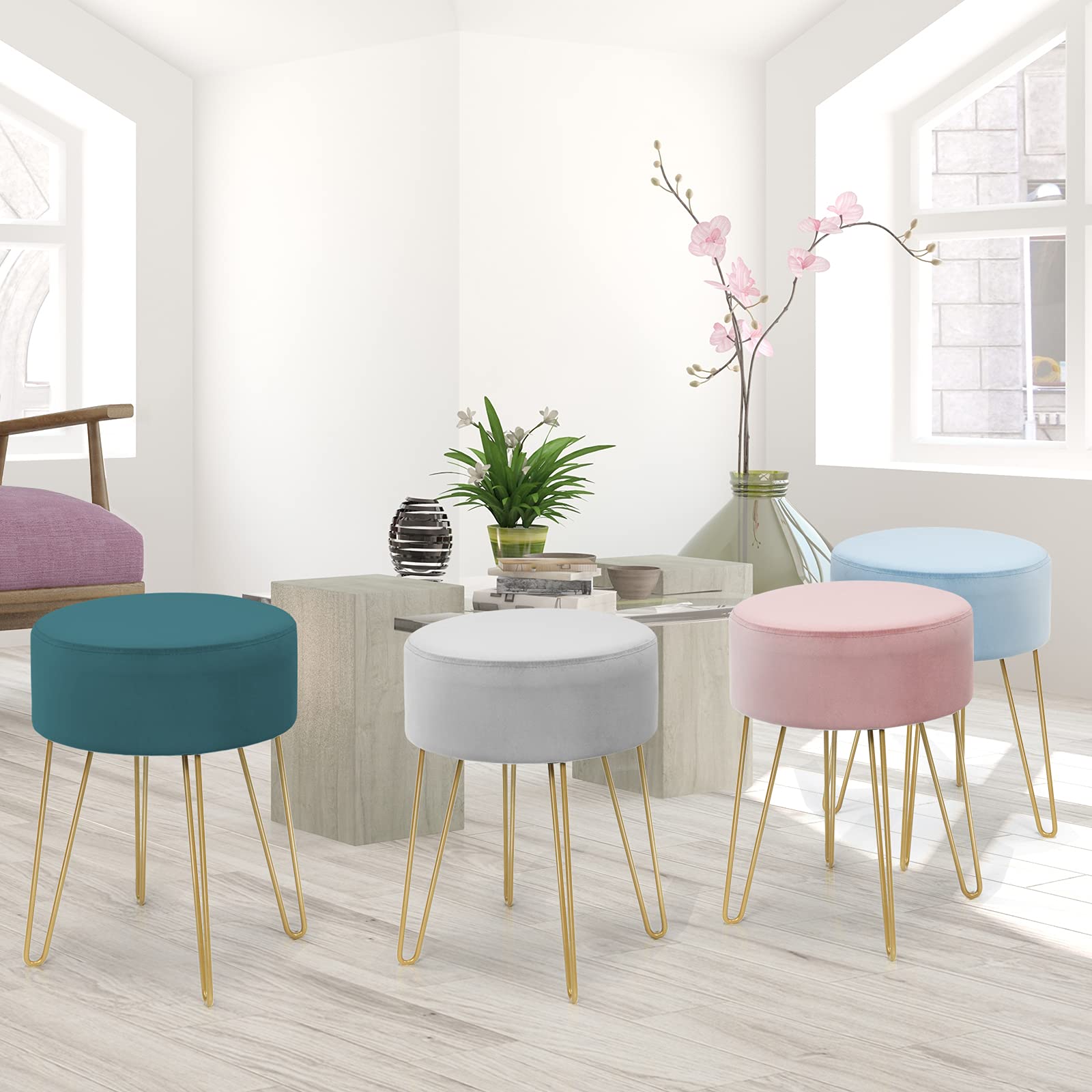 GIANTEX Tabouret Coiffeuse en Velours, Chaise Coiffeuse Chambre avec Pieds Dorés en Métal, Pouf Ottoman Rond, Repose-Pieds, Tabouret Velours pour Chambre, Salon, Vestiaire (Gris)