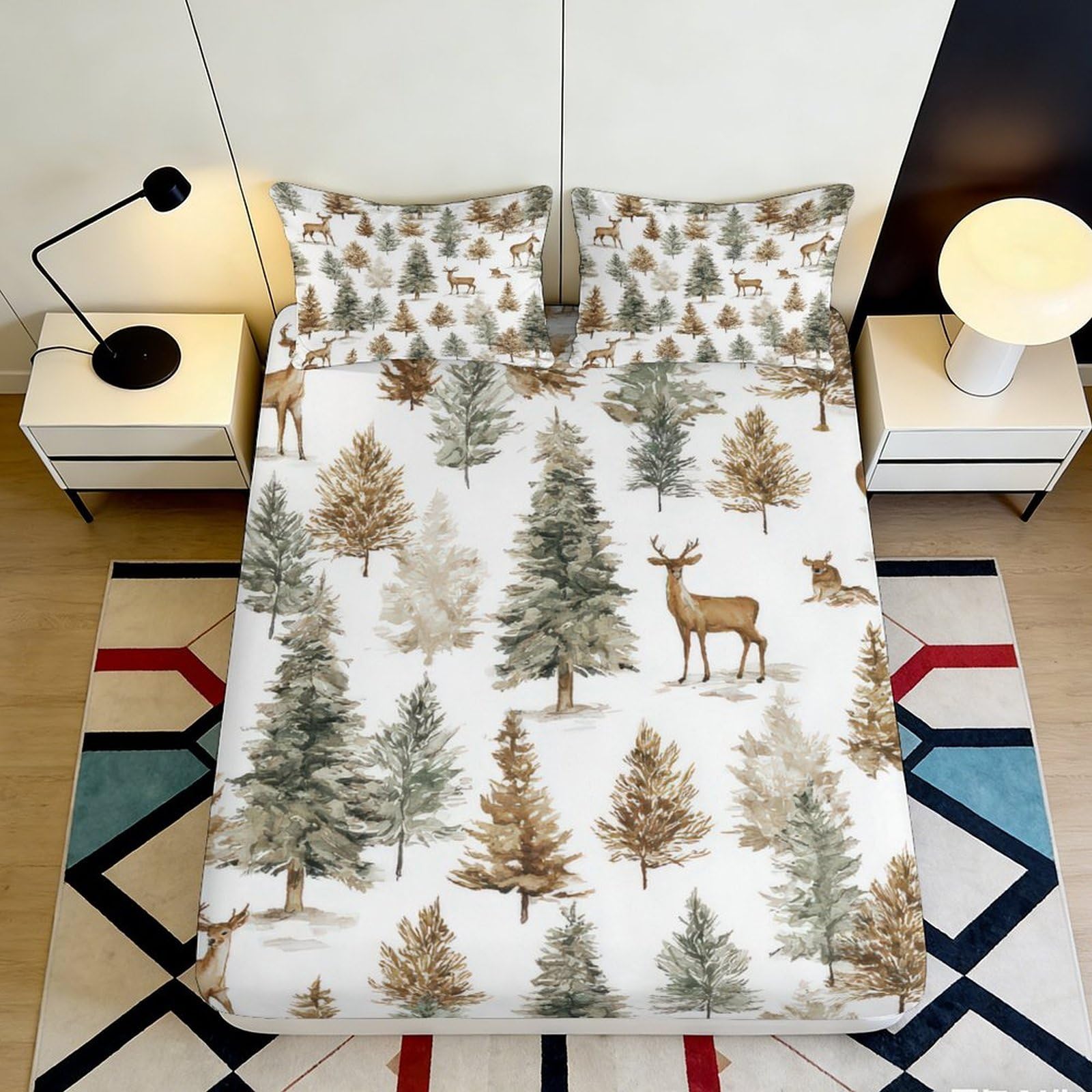 3D Printed Forest Deer Fitted Sheet Microfiber Soft Breathable Pine Tree Mattress Cover for Bedroom Decor 200x200x25cm