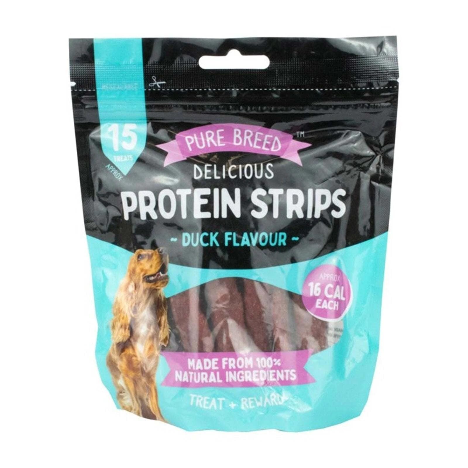 Pure Breed Natural Dog Protein Strips, 15 Treats Pack, Chicken, Beef and Duck Flavours, 16 Calories Each, 100% Natural Ingredients - 2 Pack (Duck)