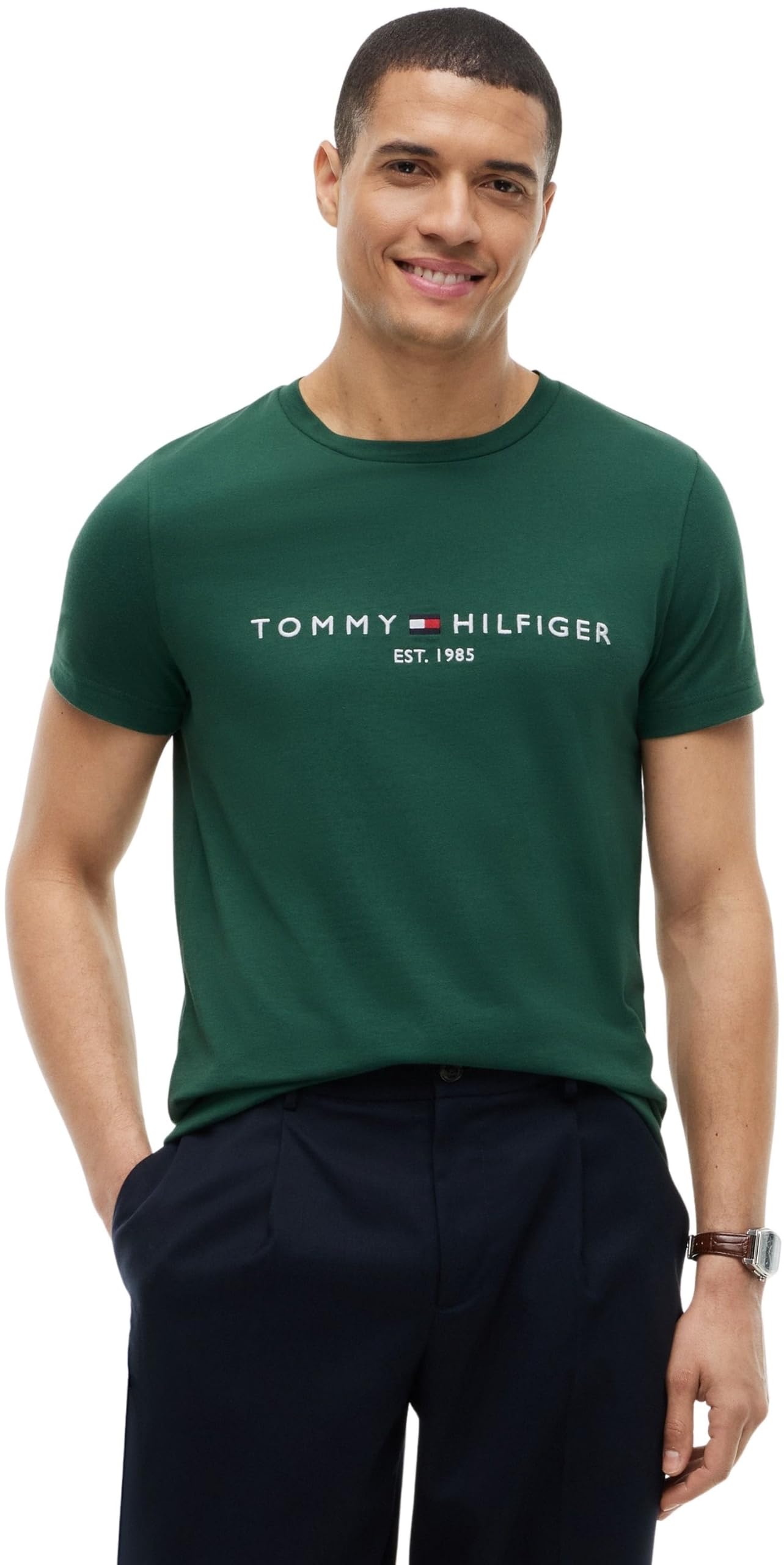 Tommy Hilfiger Herren T-Shirt Kurzarm Slim Fit, Grün (Ornamental Green), L