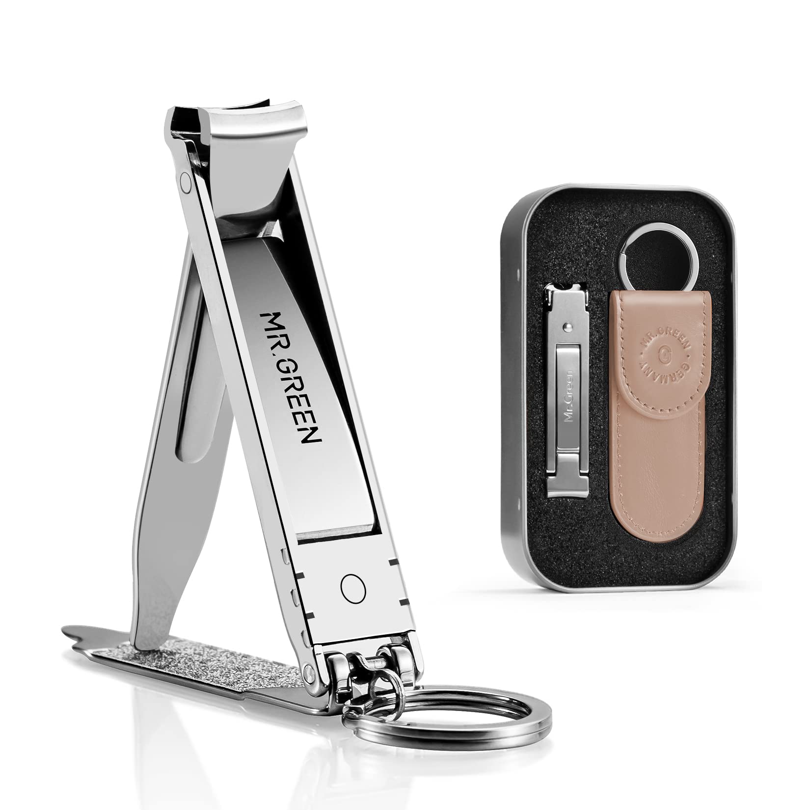 Collapsible Nail Clippers Small and Thin Portable Travel Nail Scissors Cutter Stainless Steel Manicure Tools with Nail Files (Brown Leather Case+ Iron Box)