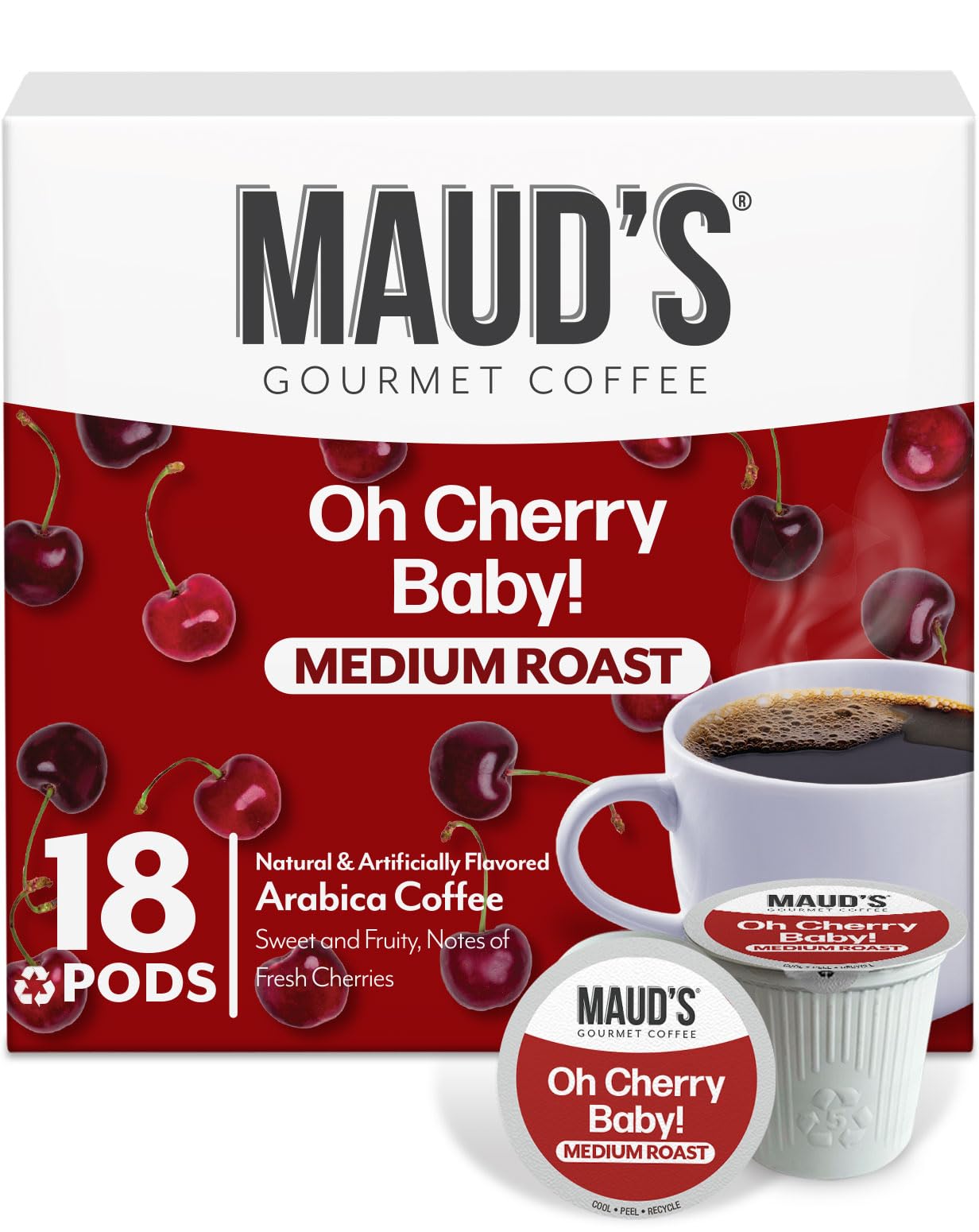 Maud's Cherry Flavored Coffee Pods, 18 ct, Medium Roast Flavored Coffee in Recyclable Single Serve Pods – 100% Arabica Beans, Compatible with Keurig K Cups Maker