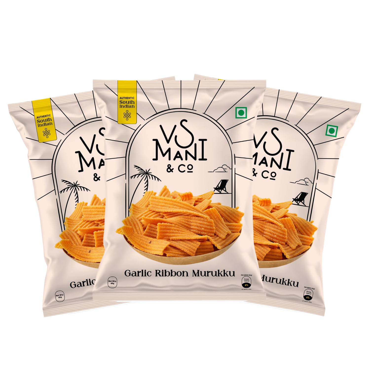 VS Mani & Co Ribbon Murukku - Authentic South Indian Snack | Crunchy, Garlic-Flavoured, No Preservatives | Pack of 3 x 65gm | 195gm