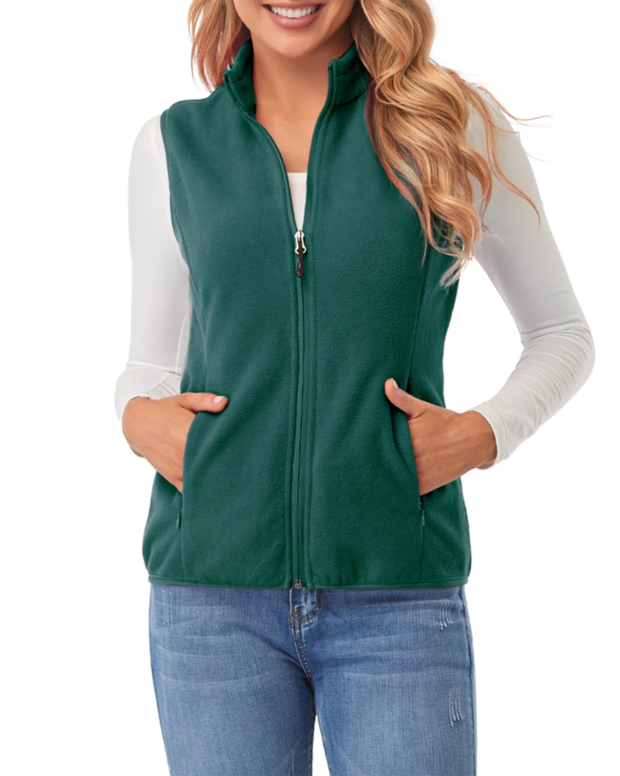 fuinloth Women's Fleece Gilet, Polar Soft Sleeveless Classic Fit Bodywarmer Vest with Zip up Pockets Forest Green Medium