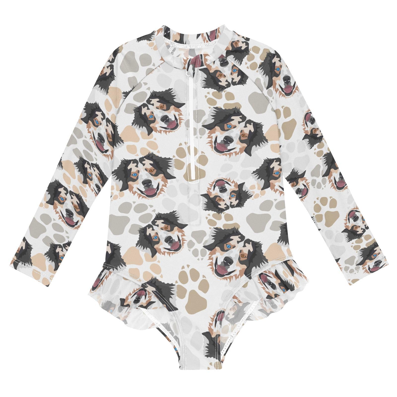 JHKKU Girls Long Sleeve Australian Shepherd Dog Swimsuit One Piece Zipper Rash Guard Bathing Suit with UPF 50+ Sun Protection Ruffle Swimwear 3T