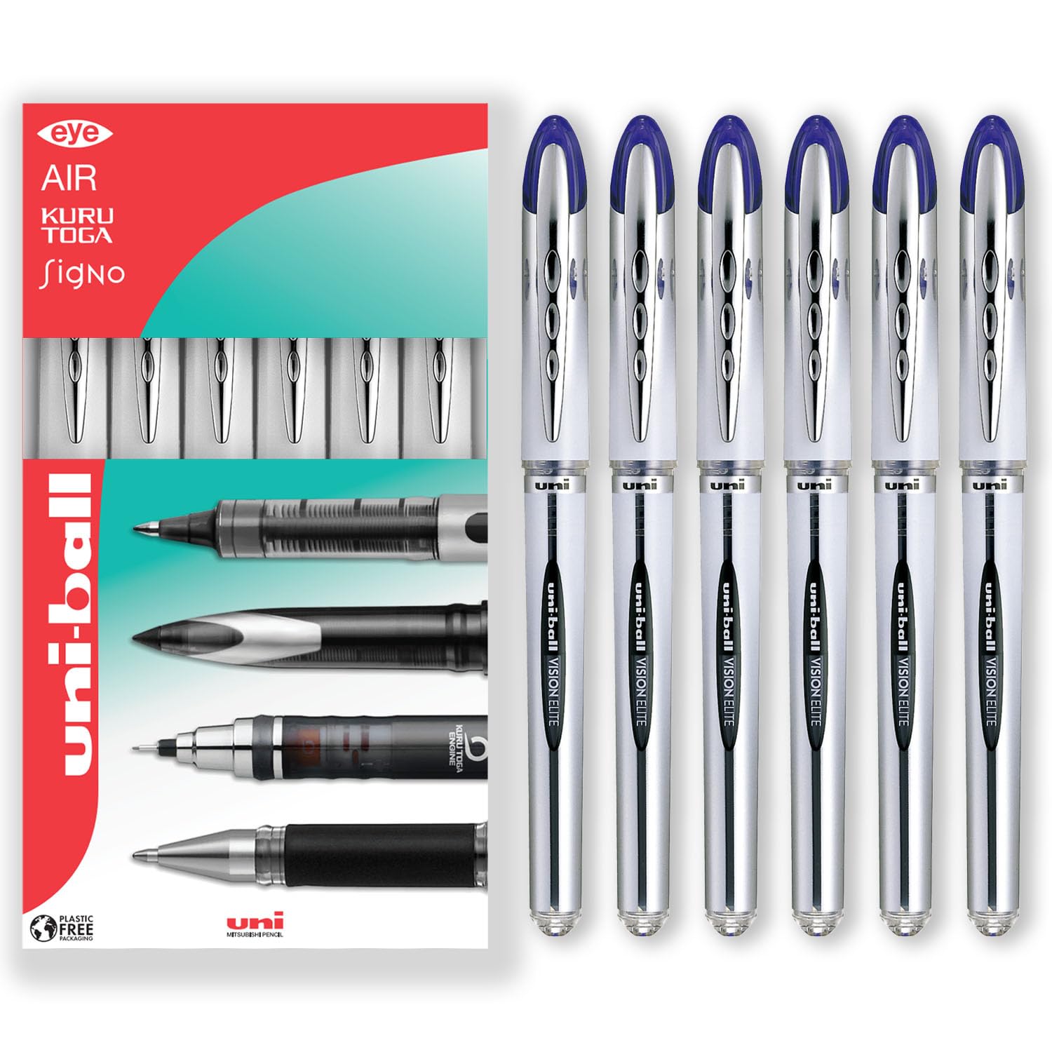 uni-ball Vision Elite - 0.8mm Nib Medium Rollerball Pen - UB-200 - In Envelope Gift Packaging (Pack of 6, Blue)
