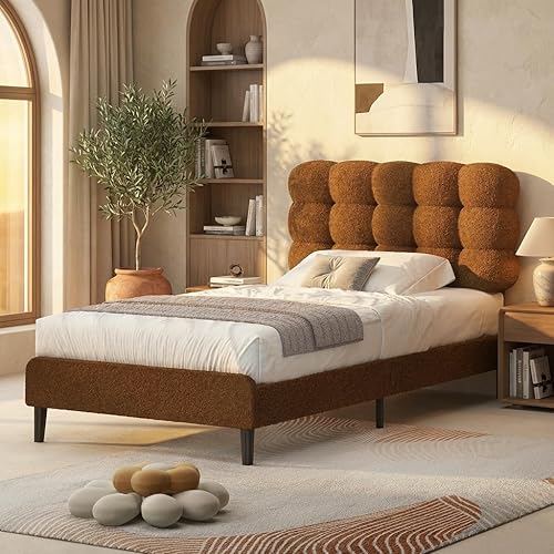 Miniatura 17 de Base de cama individual BarnFurin, cama plataforma con cabecero tapizado, base de cama de tela de bouclé suave con soporte de listones de madera,